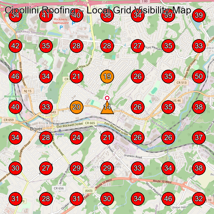 Cipollini Roofing GeoGrid visibility map for Roofing Contractor in Rockaway